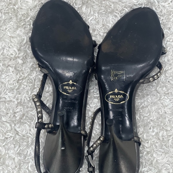 Prada Grey Metallic Studded Leather T Strap Sandals Size 39.5 - Picture 7 of 12